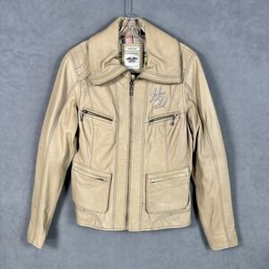 Harley-Davidson Leather Jacket Womens L Beige Embroidered Full Zip Riding Gear
